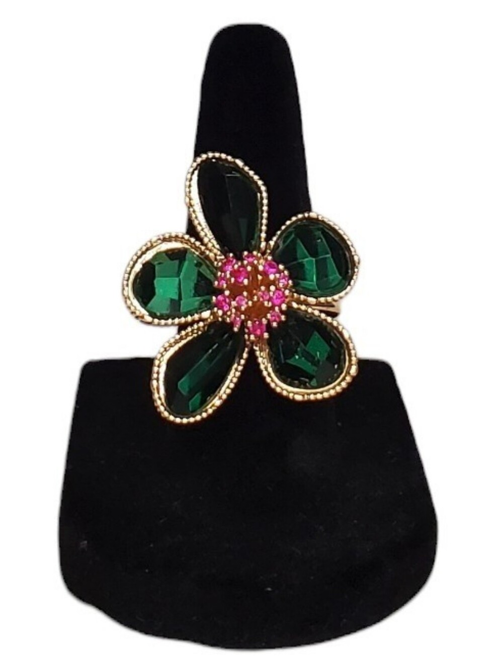 Estate Gold-Tone Green Coated Glass & Pink Spinel Flower Ring Size 6 (Approx.)